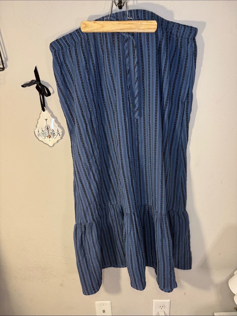 Women's Blue Striped MaxiSkirt with Ruffle Hem draw string s xxl